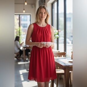 Red Sleeveless Chiffon Dress - Gathered Waist A-Line Style